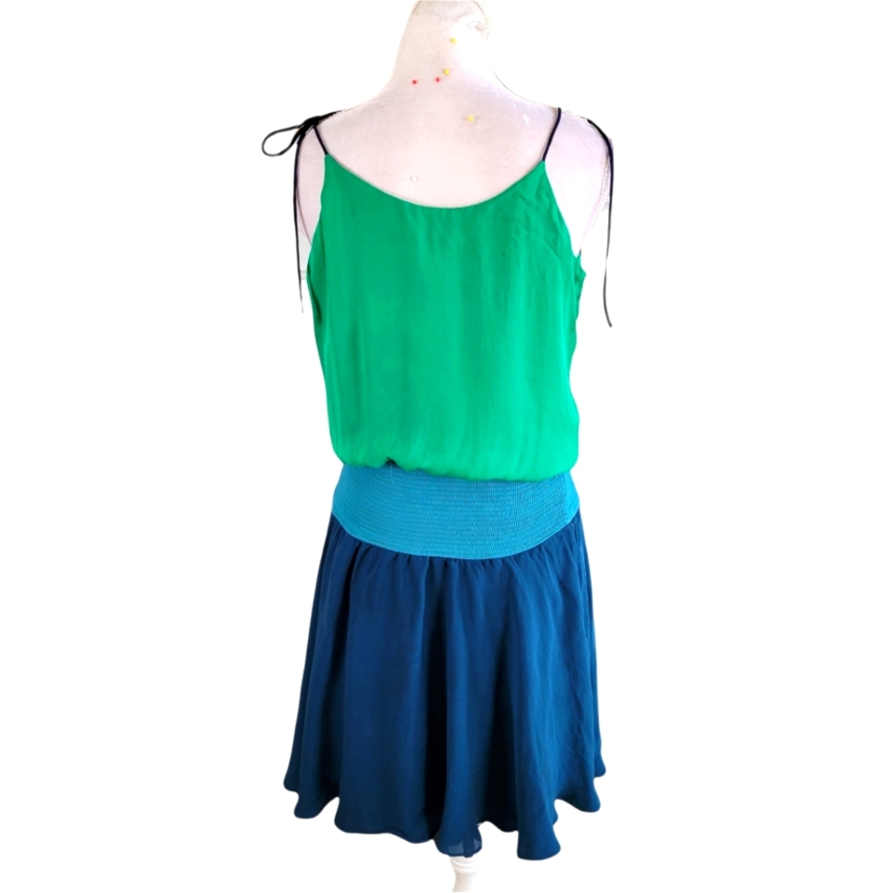 Halston Heritage Blue Green Color Block Silk Mini Dress Large L